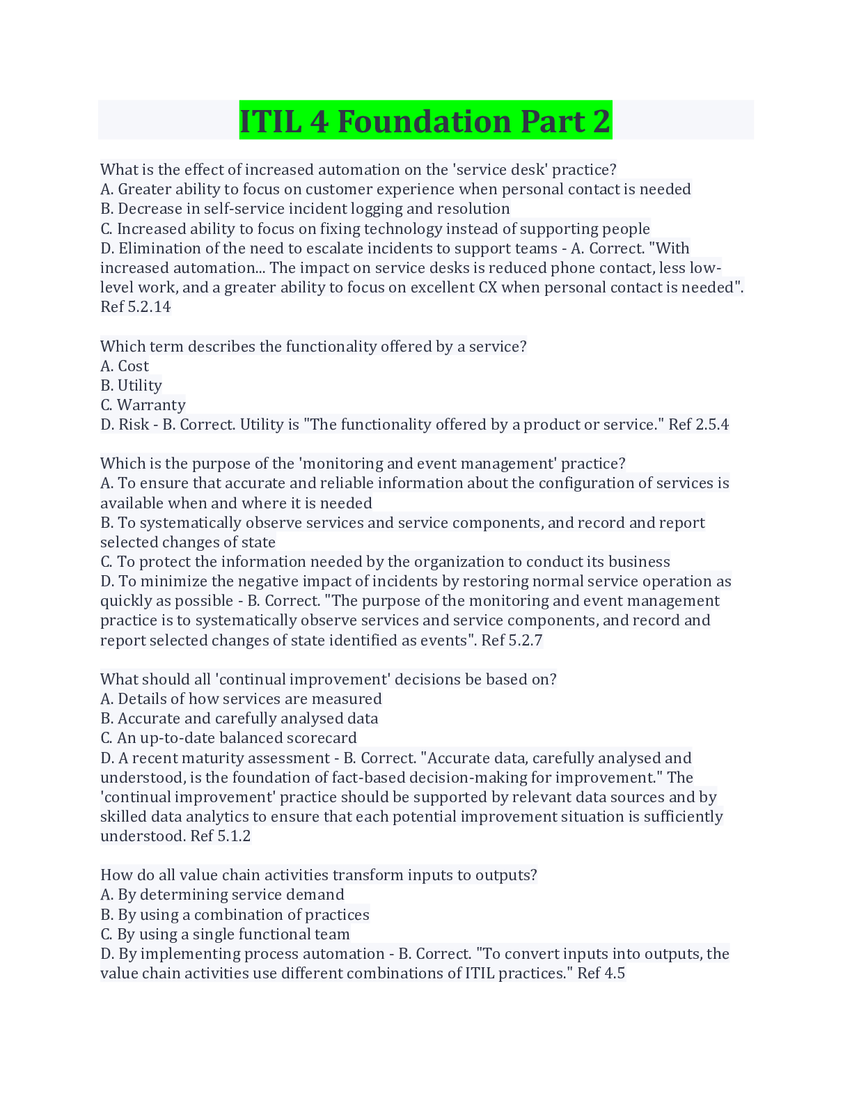Preview image for ITIL 4 Foundation Part 2 Questions And Answers